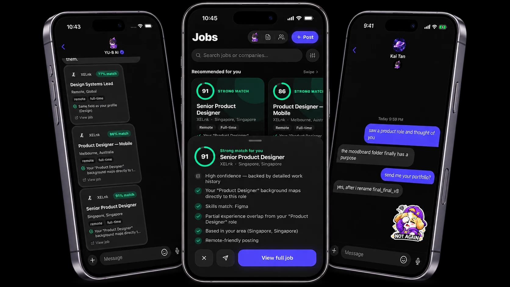 Actual XELnk screens showing sample YU-B AI job recommendations and a sample direct conversation